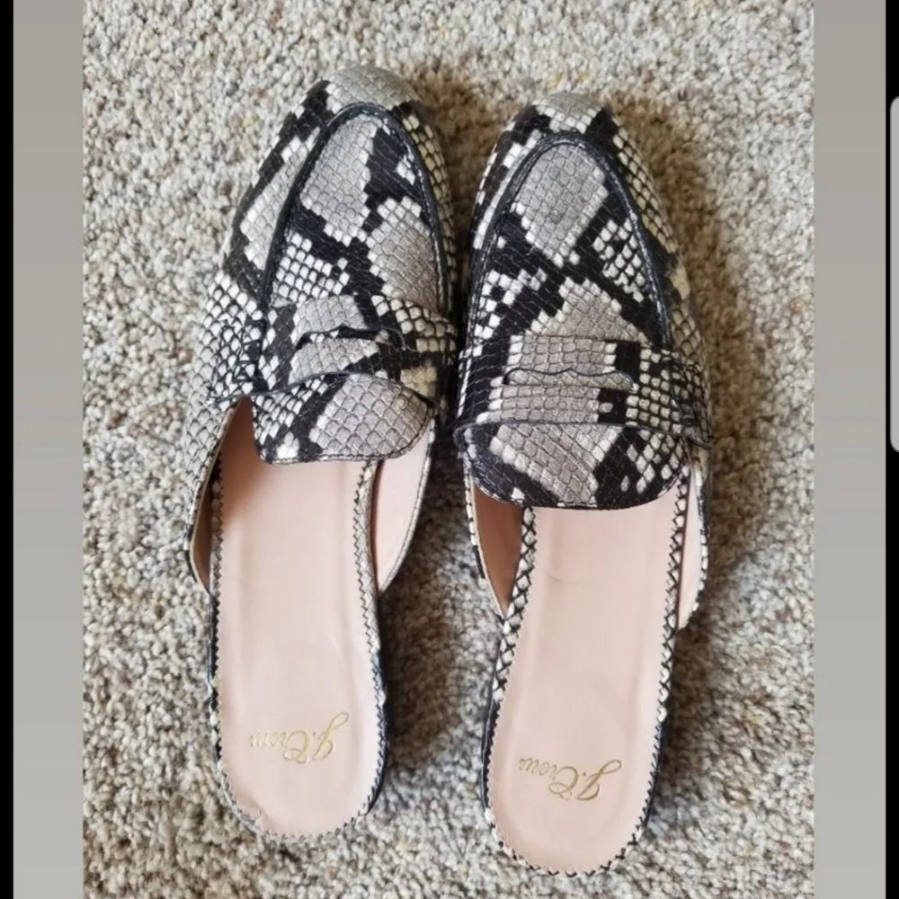 J Crew snakeskin academy mules